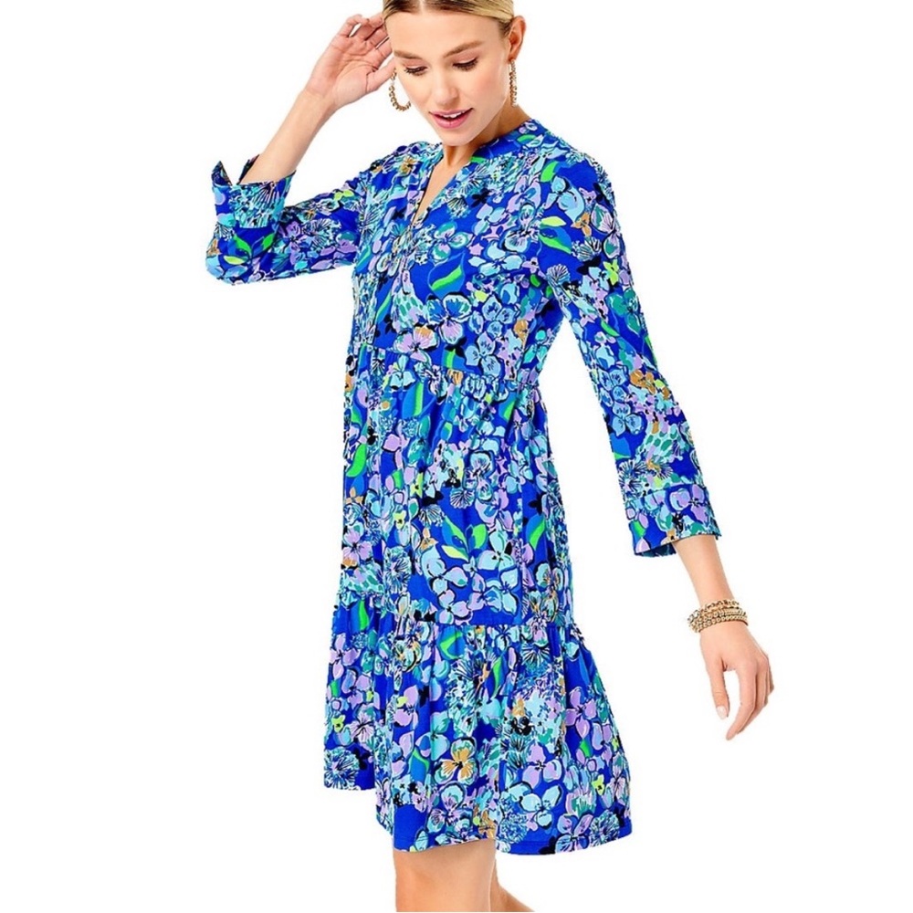 đź’™Lilly Pulitzer Alaina 3/4 Sleeve Tiered Swing Dress Blue Grotto Twilight Tropic - Picture 1 of 15